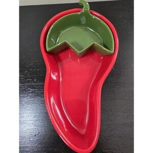 Avon‎ 2 pc Chili Pepper Shaped 11" Chip & Dip Ceramic Dish Microwave & Oven Safe